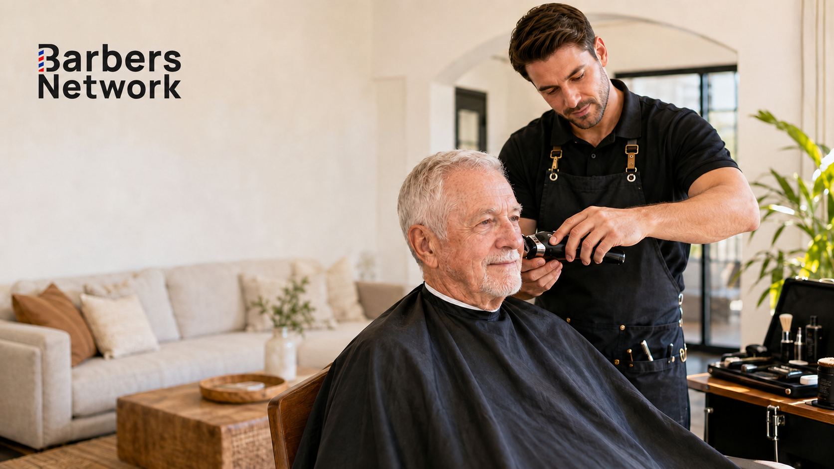 Mobile barber providing an in-home haircut for a senior client