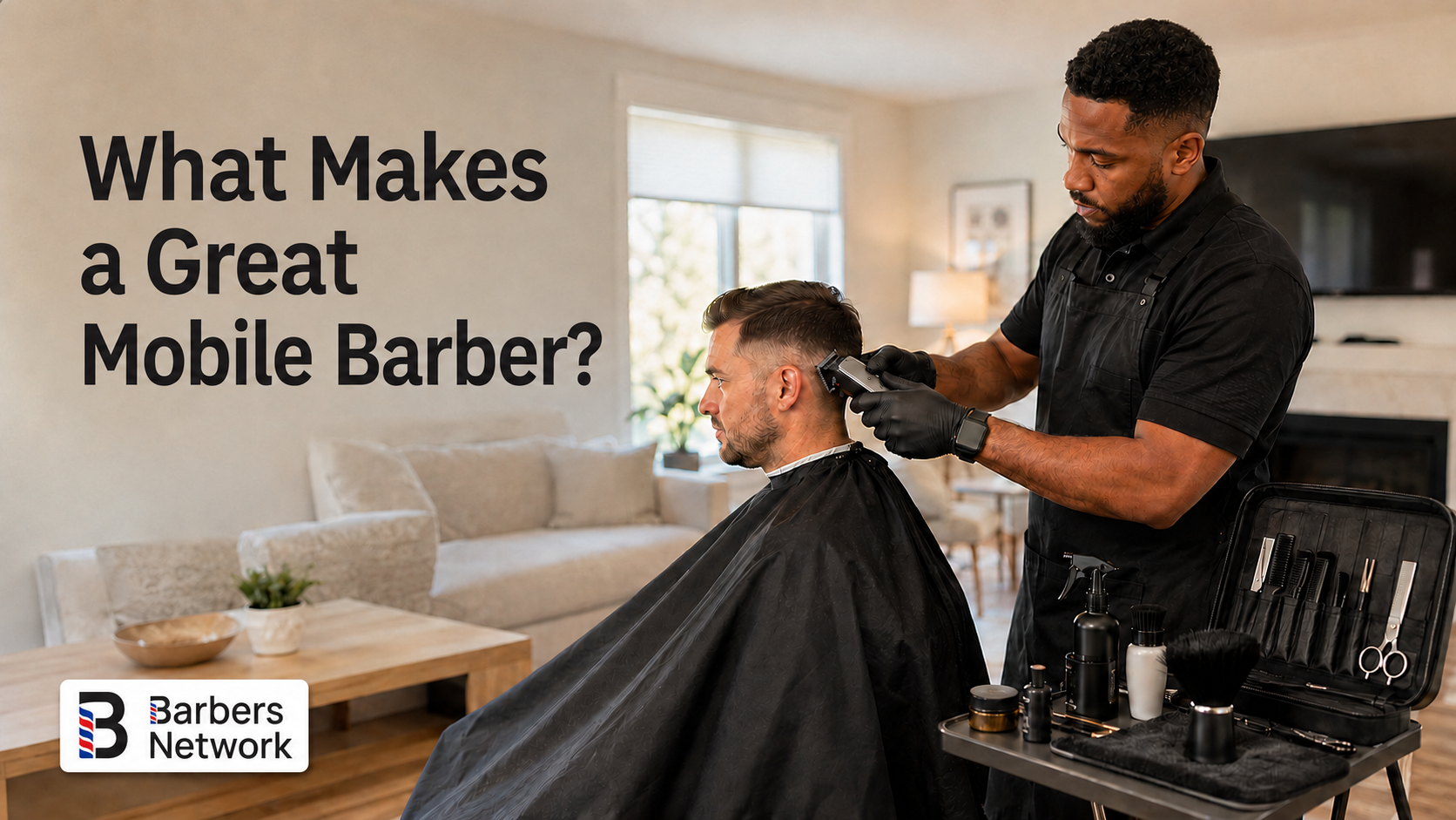 Professional mobile barber providing an in-home haircut using clean, sanitized tools.